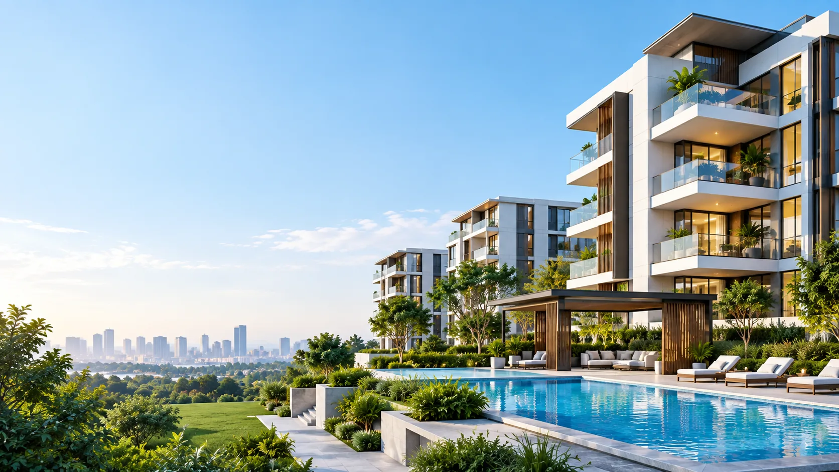 Modern residential complex with pool overlooking the city